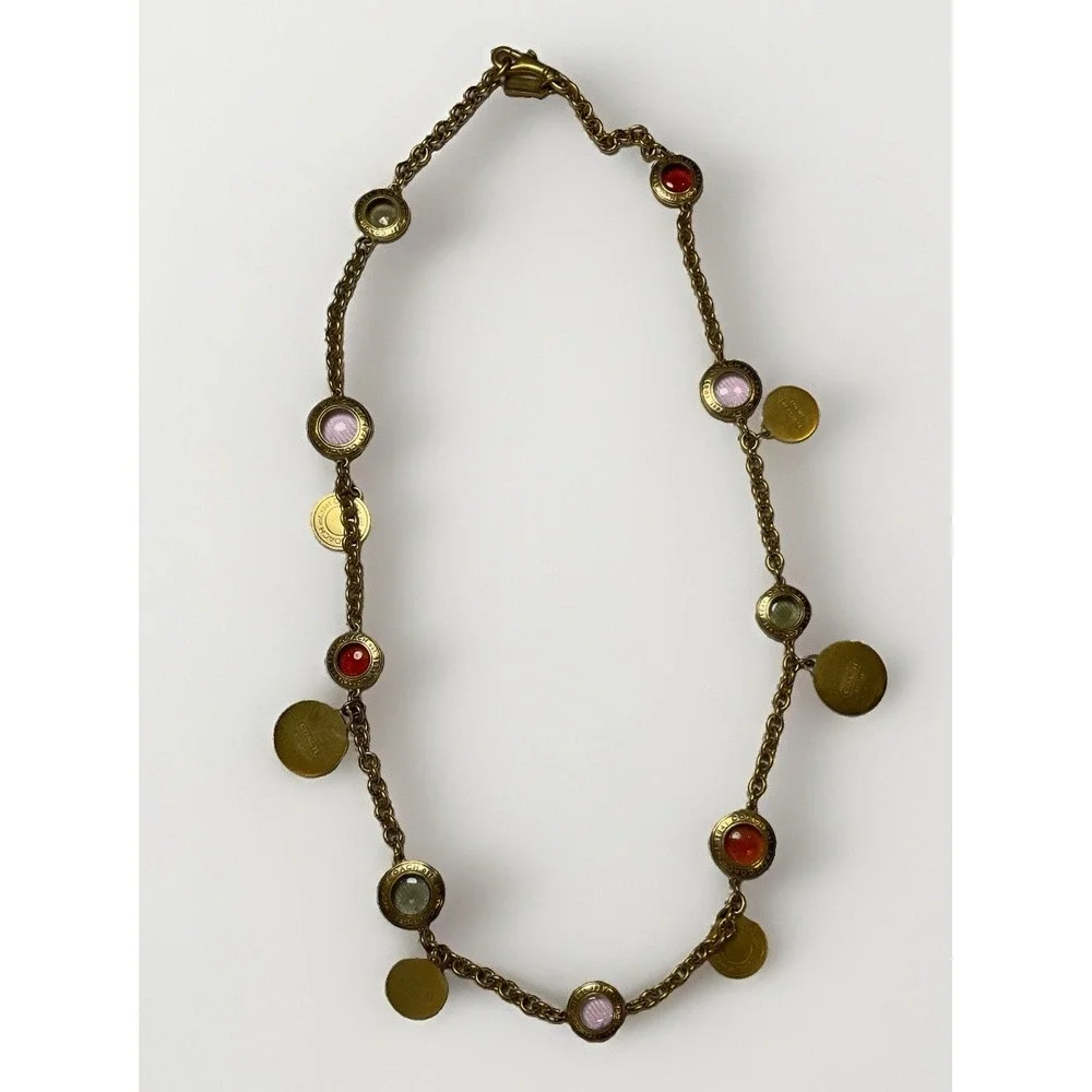 Coach Medallion Statement Necklace Glass Multicolor Cabochons Gold Tone Coin